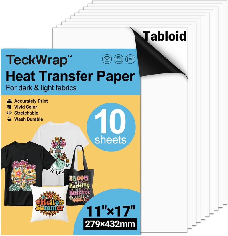 TECKWRAP ورق نقل حراري قابل للطباعة للتيشيرتات 10 ورقات، 11" × 17" فينيل نقل حراري قابل للطباعة لطابعة نفث الحبر، ورق نقل بالحديد للأقمشة الفاتحة والداكنة (مات)  - Image 1